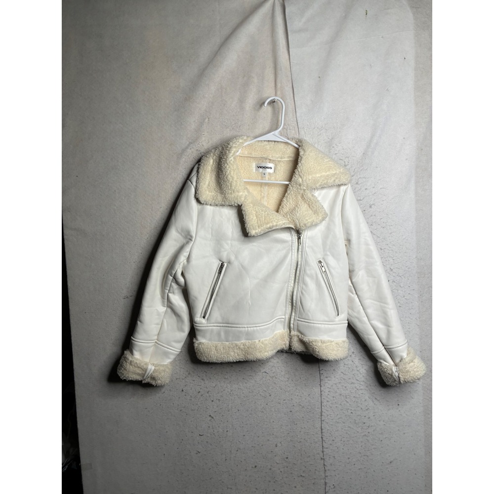 Vigoss Womens Faux Leather Shearling Moto Jacket White Cream Size L Aviator Bike